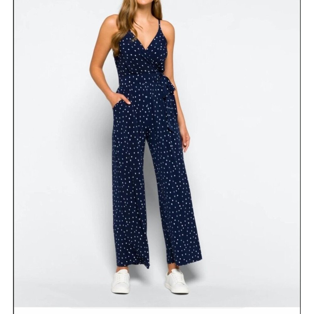 Kaileigh Jumpsuit Wide Leg Side pockets Adjustable Strap Navy Blue Size XL